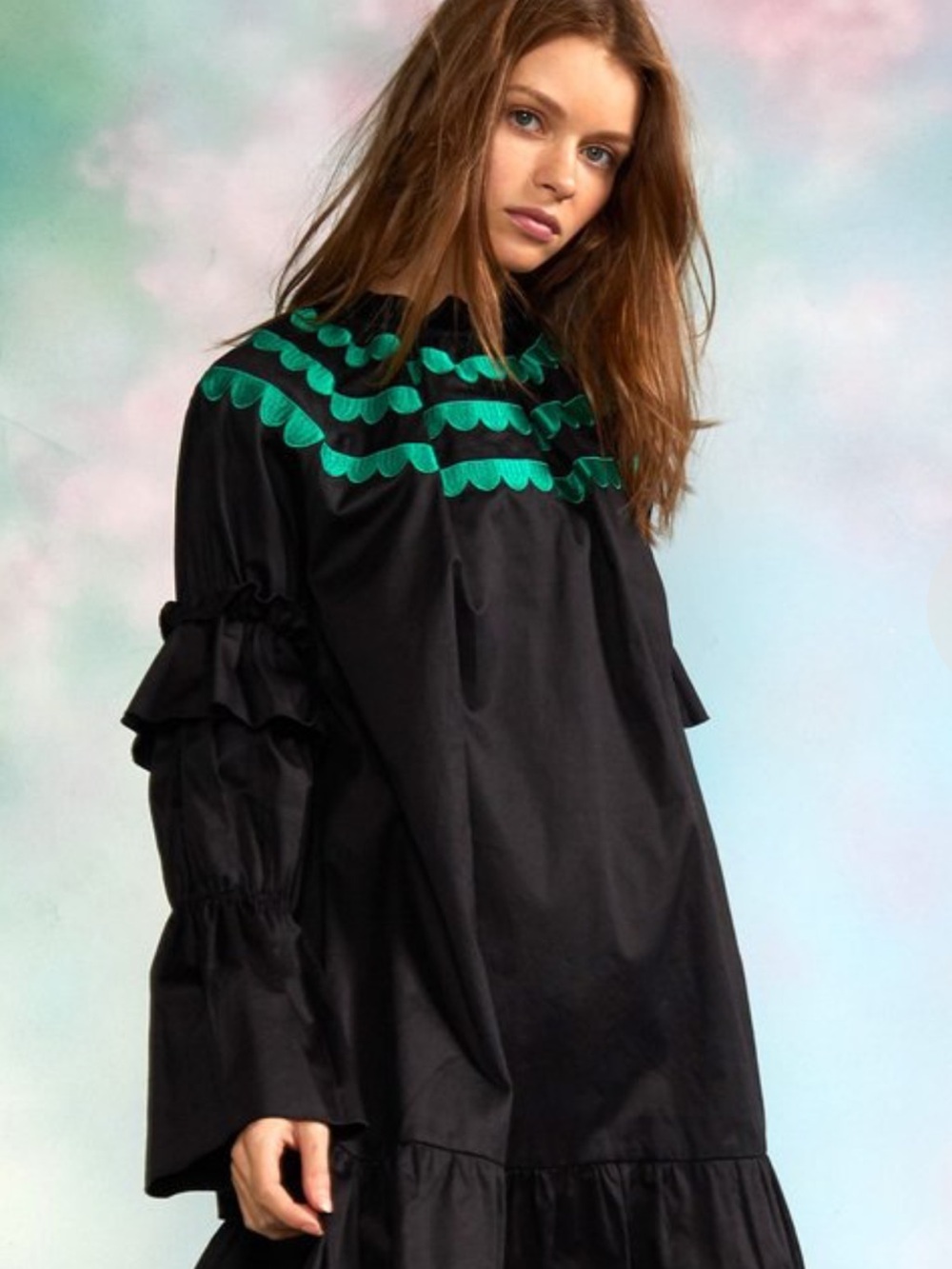 Cynthia Rowley Eden Scallop Embroidered Dress Black Green Ruffle Bell Sleeve